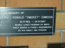 Beryl Beatrice DAWSON, 16-9-1919 - 16-1-2003, wife of Ron; Ronald (Smokey) DAWSON, 22-9-1922 - 24-8-2007, husband of Beryl; Mudgeeraba cemetery, City of Gold Coast 
