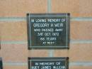 
Gregory H. WEIR,
died 31 Oct 1972 aged 66 years;
Mudgeeraba cemetery, City of Gold Coast
