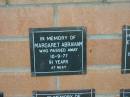 
Margaret ABRAHAM,
died 10-9-77 aged 91 years;
Mudgeeraba cemetery, City of Gold Coast
