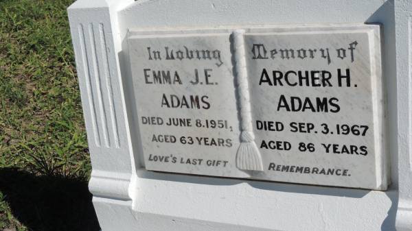 Emma J.E. ADAMS  | d: 8 Jun 1951 aged 63  |   | Archer H. ADAMS  | d: 3 Sep 1967 aged 86  |   | Mulgildie Cemetery, North Burnett Region  |   | 