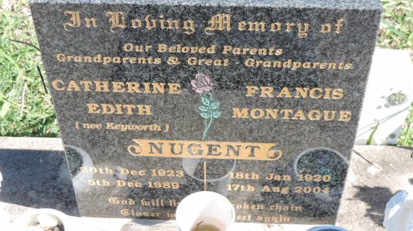 Catherine Edith NUGENT (nee KEYWORTH)  | b: 20 Dec 1923  | d: 5 Dec 1989  |   | Francis Montague NUGENT  | b: 18 Jan 1920  | d: 17 Aug 2004  |   | Mulgildie Cemetery, North Burnett Region  |   | 