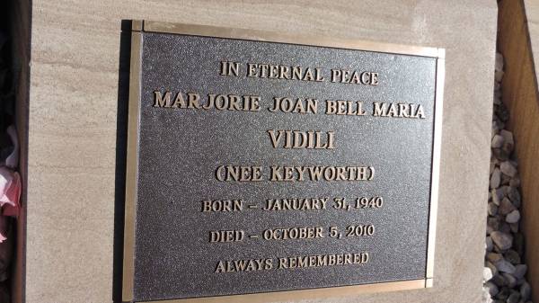Marjorie Joan Bell Maria VIDILI (nee KEYWORTH)  | b: 31 Jan 1940  | d: 5 Oct 2010  |   | Mulgildie Cemetery, North Burnett Region  |   | 