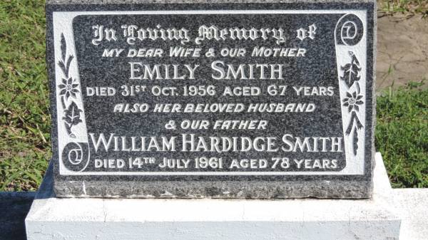 Emily SMITH  | d: 31 Oct 1956 aged 67  |   | husband  | William Hardidge SMITH  | d: 14 Jul 1961 aged 78  |   | Mulgildie Cemetery, North Burnett Region  |   | 