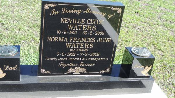 Neville Clyde WATERS  | b: 10 Sep 1921  | d: 30 May 2009  |   | Norma Frances June WATERS (nee ADAMS)  | b: 5 Jun 1932  | d: 7 Sep 2009  |   | Mulgildie Cemetery, North Burnett Region  |   | 