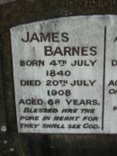 James BARNES, born 4 July 1840 died 20 July 1908 aged 68 years; Nanny, wife, died 17 Sept 1924 aged 81 years; Mundoolun Anglican cemetery, Beaudesert Shire 