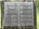 Annie ARMSTRONG, died 27 Nov 1925 aged 35 years; Benjamin ARMSTRONG, died 7 June 1930 aged 58 years; Mundoolun Anglican cemetery, Beaudesert Shire 