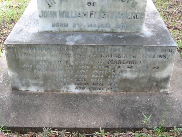 John William Fitzclarence,  | born 5 March 1906,  | died aircraft accident at Archerfield 21 May 1941,  | son of William & Gwendoline COLLINS  | husband of Margaret;  | Mundoolun Anglican cemetery, Beaudesert Shire  | 