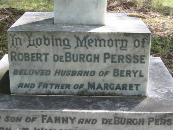 Robert De Burgh PRESSE,  | husband of Beryl,  | father of Margaret,  | eldest son of Fanny & De Burgh PERSSE,  | born Wyambyn 7 APril 1912,  | died 4 Feb 1961;  | Mundoolun Anglican cemetery, Beaudesert Shire  | 