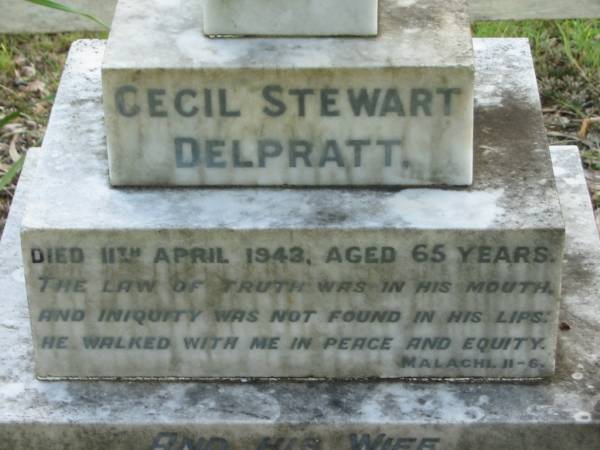 Cecil Stewart DELPRATT,  | died 11 April 1943 aged 65 years;  | Jessie Madelaine DELPRATT,  | died 23 June 1953 aged 73 years;  | Mundoolun Anglican cemetery, Beaudesert Shire  | 