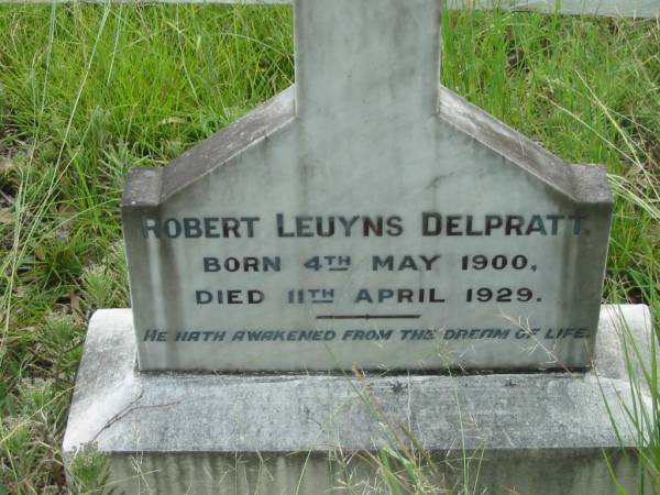 Robert Leuyns DELPRATT,  | born 4 May 1900 died 11 April 1929;  | Mundoolun Anglican cemetery, Beaudesert Shire  | 