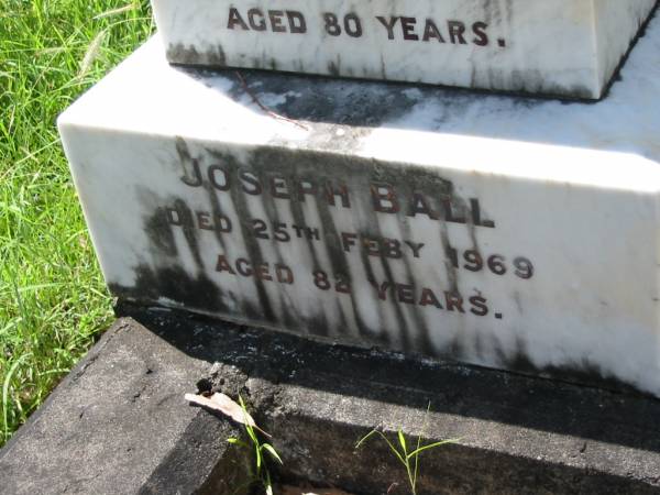 George Addison BALL, husband father,  | died 1 Sept 1931 aged 71 years;  | Martha BALL, wife mother,  | died 10 March 1957 aged 92 years;  | Eliza BALL,  | died 24 July 1963 aged 80 years;  | Joseph BALL,  | died 25 Feb 1969 aged 82 years;  | Henry BALL,  | died 16 Feb 1945 aged 76 years;  | Louisa BALL,  | died 11 Aug 1971 aged 86 years;  | Mundoolun Anglican cemetery, Beaudesert Shire  | 