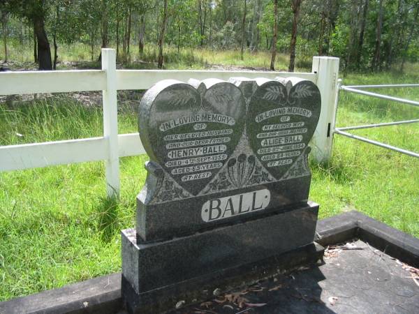 Henry BALL, husband father,  | died 4 Sept 1955 aged 65 years;  | Alice BALL, wife mother,  | died 9 June 1954 aged 64 years;  | Mundoolun Anglican cemetery, Beaudesert Shire  | 