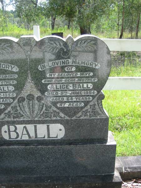 Henry BALL, husband father,  | died 4 Sept 1955 aged 65 years;  | Alice BALL, wife mother,  | died 9 June 1954 aged 64 years;  | Mundoolun Anglican cemetery, Beaudesert Shire  | 