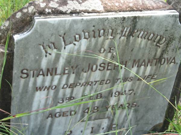 Stanley Joseph MANTOVA,  | died 3 Feb 1947 aged 48 years;  | Mundoolun Anglican cemetery, Beaudesert Shire  | 