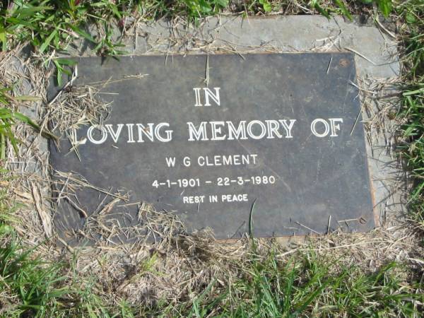 W.G. CLEMENT,  | 4-1-1901 - 22-3-1980;  | Murwillumbah Catholic Cemetery, New South Wales  | 