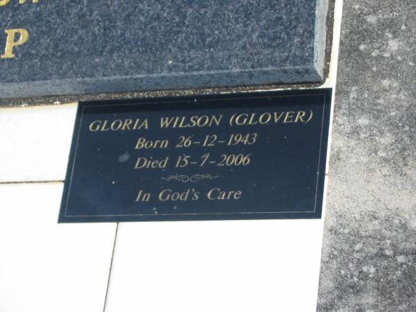 Arthur Alfred GLOVER,  | husband father,  | died 7 Dec 1968 aged 57 years;  | Doris Kathleen GLOVER,  | mother,  | born 19 Sept 1913,  | died 17 Oct 1994;  | Gloria WILSON (GLOVER),  | born 26-12-1943,  | died 15-7-2006;  | Gwendoline GLOVER,  | born 18 May 1940,  | died 19 May 1940;  | Murwillumbah Catholic Cemetery, New South Wales  | 