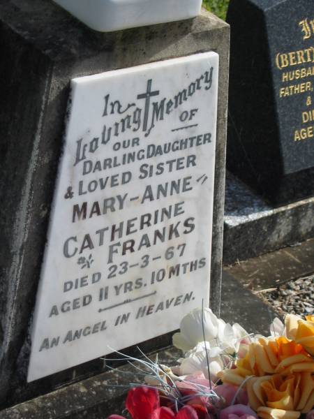 Mary-Ann Catherine FRANKS,  | daughter sister,  | died 23-3-67 aged 11 year 10 months;  | Murwillumbah Catholic Cemetery, New South Wales  | 
