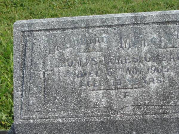 Thomas James CLEARY,  | died 6 Nov 1985 aged 70 years;  | Murwillumbah Catholic Cemetery, New South Wales  | 