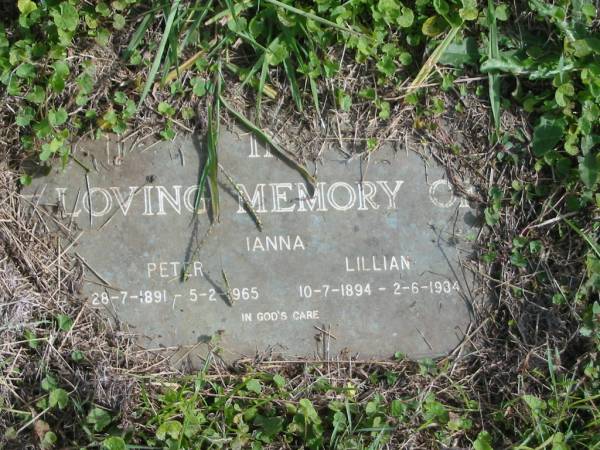 Peter IANNA,  | 28-7-1891 - 5-2-1965;  | Lillian IANNA,  | 10-7-1894 - 2-6-1934;  | Murwillumbah Catholic Cemetery, New South Wales  | 