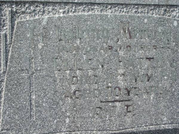 Ellen HATTON,  | mother,  | died 8 Nov 1966 aged 70 years;  | Murwillumbah Catholic Cemetery, New South Wales  | 