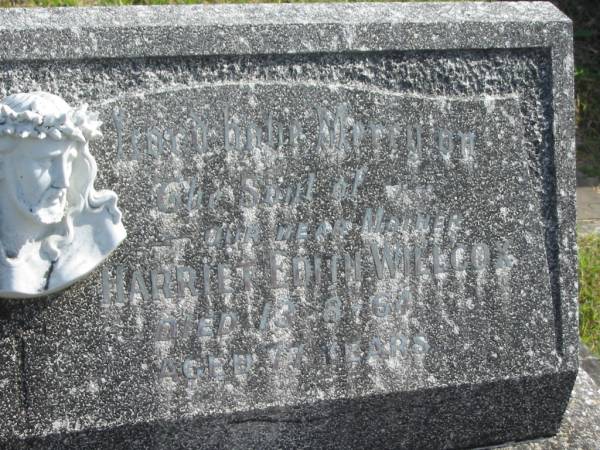Harriet Edith WILLCOX,  | mother,  | died 13-8-64 aged 77 years;  | Murwillumbah Catholic Cemetery, New South Wales  | 