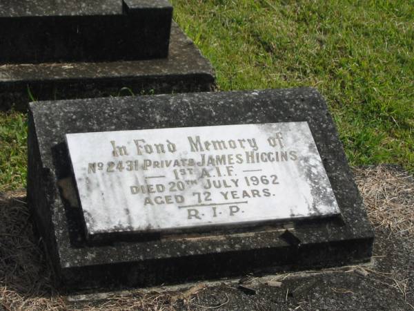 James HIGGINS,  | died 20 July 1962 aged 72 years;  | Murwillumbah Catholic Cemetery, New South Wales  | 