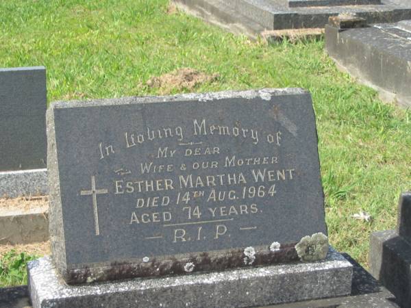 Esther Martha WENT,  | wife mother,  | died 14 Aug 1964 aged 74 years;  | Murwillumbah Catholic Cemetery, New South Wales  | 