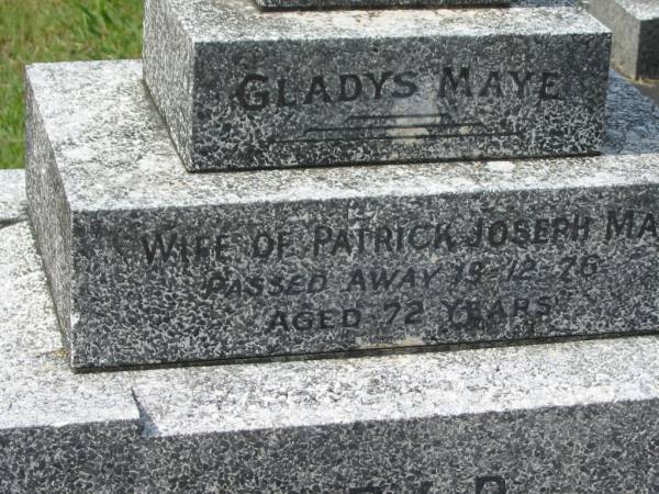 Gladys MAYE,  | wife of Patrick Joseph MAYE,  | died 13-12-76 aged 72 years;  | Murwillumbah Catholic Cemetery, New South Wales  | 