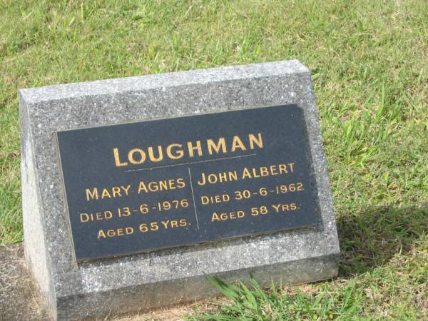 Mary Agnes LOUGHMAN,  | died 13-6-1976 aged 65 years;  | John Albert LOUGHMAN,  | died 30-6-1962 aged 58 years;  | Murwillumbah Catholic Cemetery, New South Wales  | 