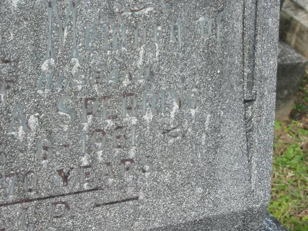 William A. SPERRING,  | husband,  | died 6-8-1961 aged 70 years;  | Murwillumbah Catholic Cemetery, New South Wales  | 