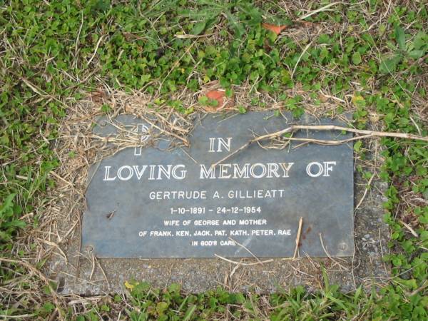 Gertrude A. GILLIEATT,  | 1-10-1891 - 24-12-1954,  | wife of George,  | mother of Frank, Ken, Jack, Pat, Kath, Peter & Rae;  | Murwillumbah Catholic Cemetery, New South Wales  | 