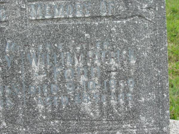 Maud Emily FORD,  | mother,  | died 27-5-1955 aged 39 years;  | William Patrick FORD,  | father,  | died 9-10-1959 aged 48 years;  | Murwillumbah Catholic Cemetery, New South Wales  | 