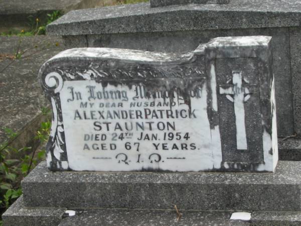 Alexander (Lex) Patrick STAUNTON,  | husband,  | died 24 Jan 1054 aged 67 years;  | Murwillumbah Catholic Cemetery, New South Wales  | 