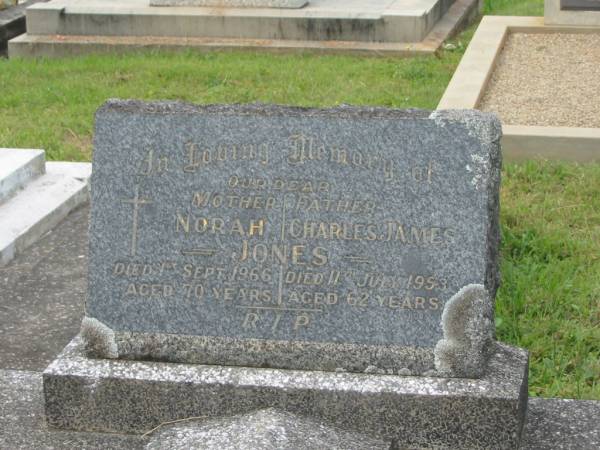 Norah JONES,  | mother,  | died 1 Sept 1966 aged 70 years;  | Charles James JONES,  | father,  | died 11 July 1953 aged 62 years;  | Murwillumbah Catholic Cemetery, New South Wales  | 
