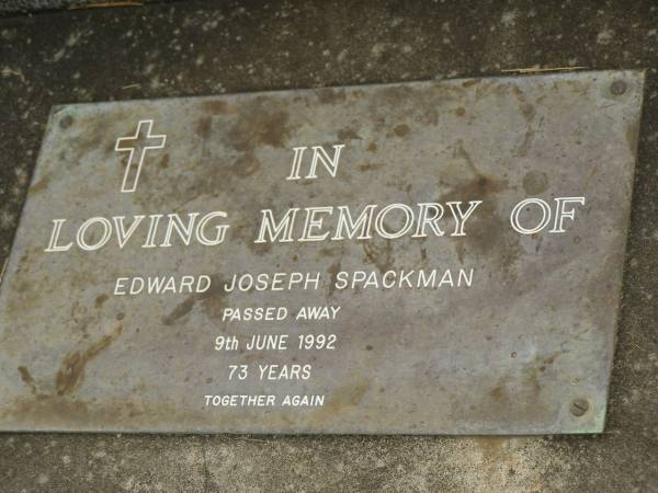 Monica Josephine SPACKMAN,  | died 23 Sept 1951 aged 29 years;  | Paul Robert JOHNSON,  | aged 4 months;  | Edward Joseph SPACKMAN,  | died 9 June 1992 aged 73 years;  | Murwillumbah Catholic Cemetery, New South Wales  | 