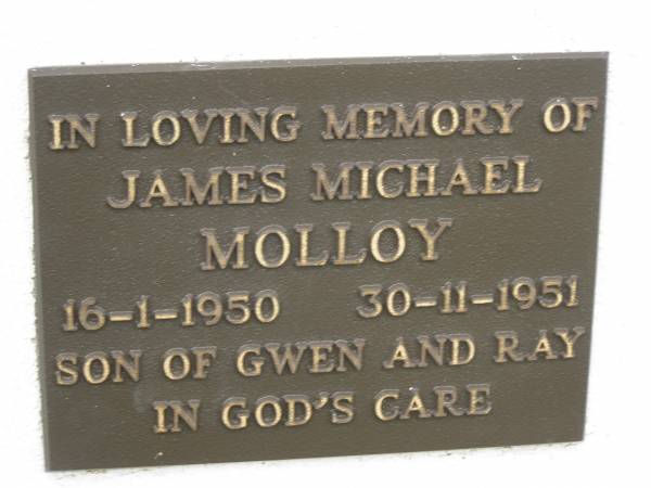 James Michael MOLLOY,  | 16-1-1950 - 30-11-1951,  | son of Gwen & Ray;  | Murwillumbah Catholic Cemetery, New South Wales  | 