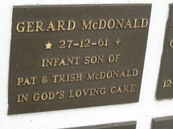 Gerard MCDONALD,  | died 27-12-61,  | infant son of Pat & Trish MCDONALD;  | Murwillumbah Catholic Cemetery, New South Wales  | 