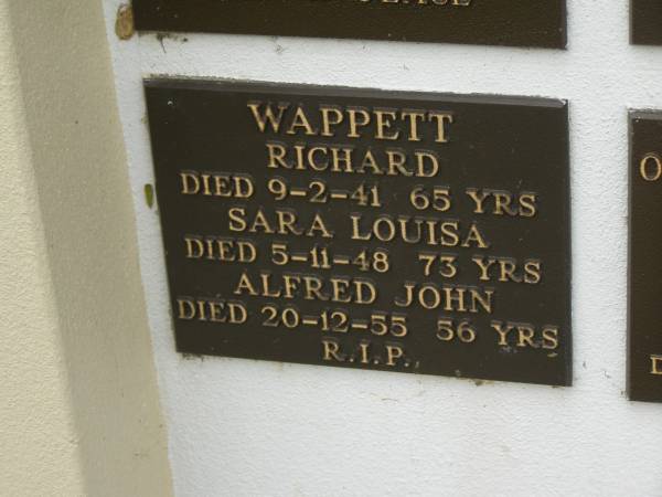 Richard WAPPETT,  | died 9-2-41 aged 65 years;  | Sarah Louisa WAPPETT,  | died 5-11-48 aged 73 years;  | Alfred John WAPPETT,  | died 20-12-55 aged 56 years;  | Murwillumbah Catholic Cemetery, New South Wales  | 