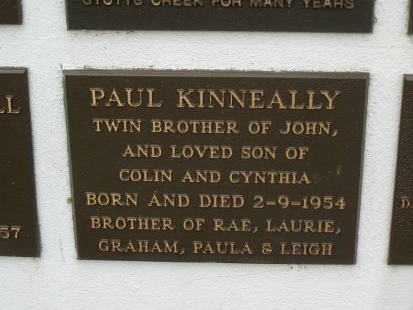 Paul KINNEALLY,  | twin brother of John,  | son of Colin & Cynthia,  | born & died 2-9-1954,  | brother of Rae, Laurie, Graham, Paula & Leigh;  | Murwillumbah Catholic Cemetery, New South Wales  | 