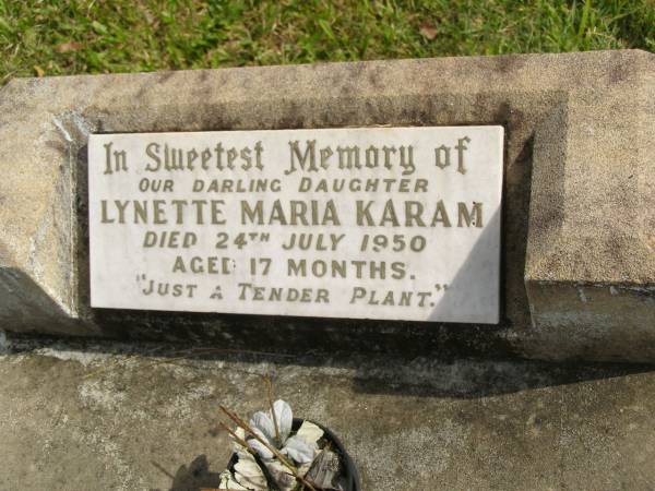 Lynette Maria KARAM,  | daughter,  | died 24 July 1950 aged 17 months;  | Murwillumbah Catholic Cemetery, New South Wales  | 