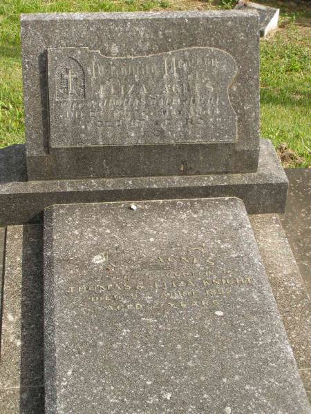 Eliza Agnes,  | wife of Thomas Dale KNIGHT,  | died 20 May 1944 aged 87 years;  | Ivy Agnes,  | daughter of Thomas & Eliza KNIGHT,  | died 9 April 1892 aged 2 years;  | Murwillumbah Catholic Cemetery, New South Wales  | 