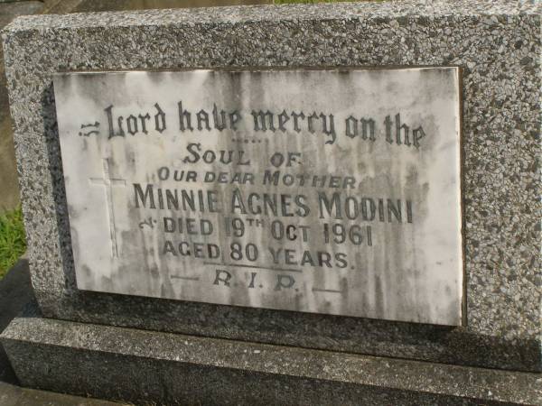 Minnie Agnes MODINI,  | mother,  | died 19 Oct 1961 aged 80 years;  | Murwillumbah Catholic Cemetery, New South Wales  | 