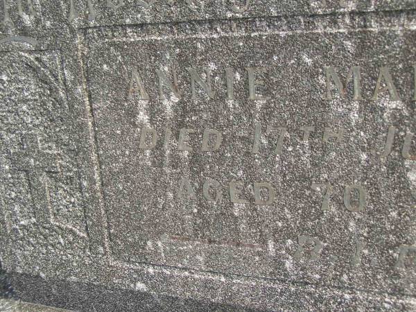 Annie MARGETTS,  | died 17 June 1942 aged 70 years;  | Murwillumbah Catholic Cemetery, New South Wales  | 
