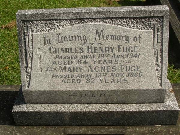 Charles Henry FUGE,  | died 19 Aug? 1941 aged 64 years;  | Mary Agnes FUGE,  | died 12 Nov 1960 aged 82 years;  | Murwillumbah Catholic Cemetery, New South Wales  | 