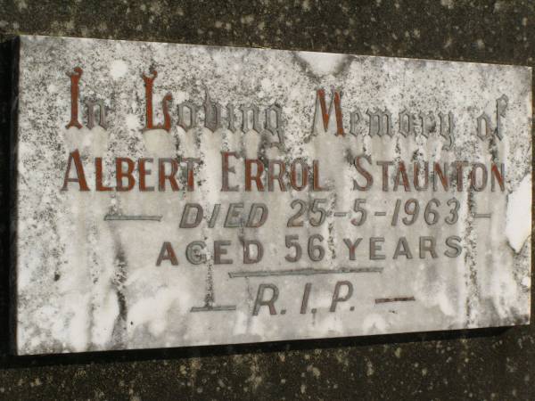Albert Errol STAUNTON,  | died 25-5-1963 aged 56 years;  | Murwillumbah Catholic Cemetery, New South Wales  | 