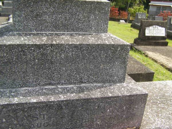 [Edward Thomas?] NUNAN,  | died 17 April 1937 aged 74 years;  | Anastasia NUNAN,  | died 8 Aug 1952 aged 73 years;  | Murwillumbah Catholic Cemetery, New South Wales  | 