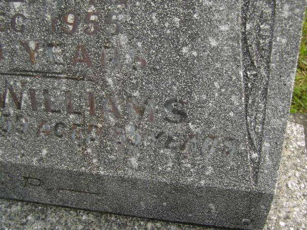 Julia WILLIAMS,  | died 19 Dec 1955 aged 75 years;  | John WILLIAMS,  | died 25 Dec 2959 aged 85 years;  | Murwillumbah Catholic Cemetery, New South Wales  | 