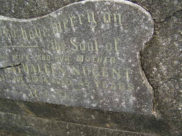 Mary Kathaleen NUGENT,  | wife mother,  | died 13 July 1934 aged 45 years;  | Murwillumbah Catholic Cemetery, New South Wales  | 