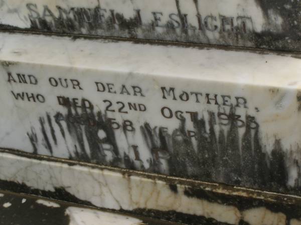 Elizabeth,  | wife of Samuel LESLIGHT,  | mother,  | died 22 Oct 1933 aged 58 years;  | Murwillumbah Catholic Cemetery, New South Wales  | 