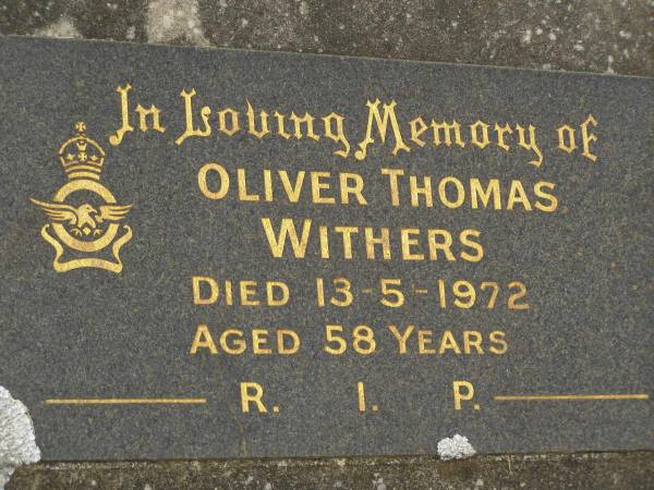 Oliver Thoms WITHERS,  | died 13-5-1972 aged 58 years;  | Murwillumbah Catholic Cemetery, New South Wales  | 